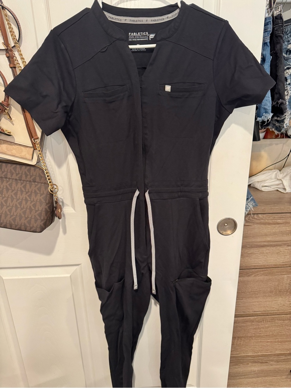 Fabletics Black Short-Sleeve Utility Jumpsuit with Drawstring